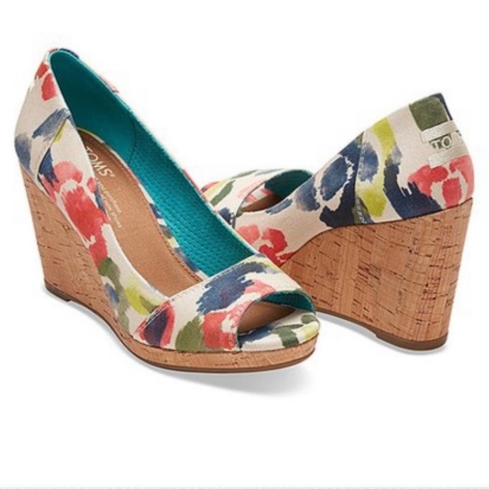 Toms watercolor floral cork wedge peep toe sandals